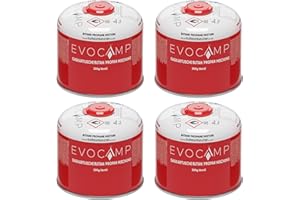 EVOCAMP cartuchos de gas Propano Butano 300g, válvula de rosca Eurogewinde 7/16", cartuchos de válvula 539ml con cierre de seguridad automático (4X)