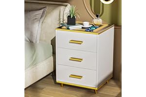 PIPIPOXER Nachttisch mit LED Beleuchtung,Beistelltisch mit Einer intelligenten Nachtlichung,Nachtschrank mit Stahl gedrucktem Glas und 3 Schubladen für Wohnzimmer,Schlafzimmer,Bett Weiß 45x40x65cm