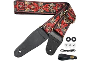 VOHALO Gitarrengurt für Akustik- & E-Gitarren Extra gepolsterte Schulterauflage Vintage Blumenmuster 100-150cm verstellbar inkl. Plektren & Zubehör