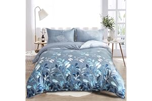 DJY Floral Duvet Cover Double Blue Leaves Bedding Set, Reversible Lightweight Bedding Sets 3pcs with Zipper Closure (Double, 200x200cm)