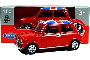 Welly Mini Cooper Mini Model (Red) with Union Jack Top Made of Die Cast Metal and Plastic Parts, Pull Back & Go Action Toy