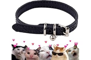 FAVPET Lujo Collar para Gato de Cuero Genuino, Collar Gato Cuero con Campana, Collares para Gatos Clásico, Collar Gatos Hecho a Mano, Collar de Gatito, Collares de Gato de Cuero (Negro)