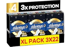 Always Ultra Sanitary Towels, Size 4 Secure Night, Extra Large Pack, 66 Count, Super Absorbent, Ultra Thin Pads with Wings for Overnight Protection
