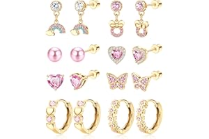 Kakonia 8 Paar Ohrringe Mädchen Kinder 316L Edelstahl Hypoallergen CZ Herz Hoop Ohrringe Perle Schmetterling Schraube Zurück Ohrstecker Mehrfarbig Tropfen Baumeln Ohrringe Set