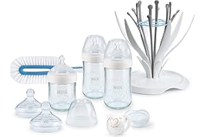 NUK Nature Sense Glasflaschen Set, 3 Babyflaschen (1x 120ml & 2x 240ml), Trinksauger, Flaschenbürste, Multi Dry und Genius Schnuller, BPA-Frei, 0-6 Monate, weiß
