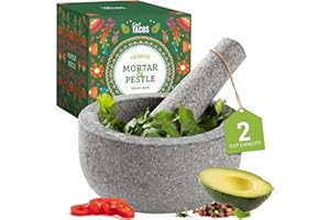 Chef Tacos Mortier et Pilon en Granit, Capacité de 2 Tasses - Mortier Pilon Cuisine, Bol pour Guacamole, Pesto, Salsa - Pilon Mortier Parfait pour Broyage des Epices et pour les Sauces (Gris)