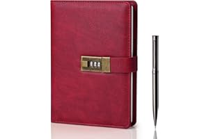 WEMATE Journal Intime Code, A5 Journal en Cuir PU avec 240 Pages, Vintage Diary Avec Serrure,Journal Intime Garçon Fille,Convient aux élèves de Bureau et D'école,8.6 x 5.8 Pouces,Rouge