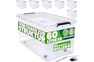 Deuba® Aufbewahrungsboxen 6 x 60l mit Deckel und Rollen, stapelbar, transparent Kunststoff BPA-frei Klickverschluss, RB60 für Büro, Garage, Waschraum