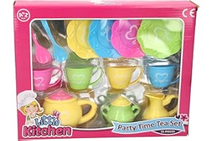 Atoz My Little Kitchen Party Time Service à thé 15 pièces en Plastique coloré avec théière, Tasses, soucoupes et cuillères