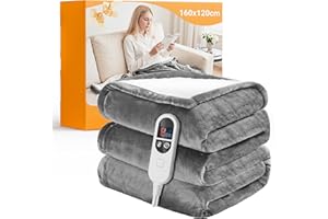JUMMICO Electric Heated Throw Blanket 160x120cm, Flannel Fleece & 6 Heat Settings, 12H Timer, Machine Washable, Auto Shut-Off, Energy Saving Heating Blanket, Overheat Protection - Light Grey