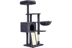 FEANDREA Albero per Gatti, Tiragraffi Piccolo da 135 cm, Condominio per Gatti in Peluche a più Livelli con Copertura per Trespolo Rimovibile Lavabile, Graffiatoio, Cesto, Grotta, Grigio Scuro