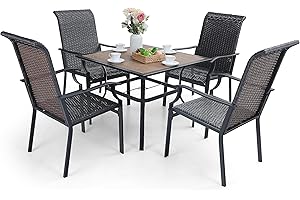 MFSTUDIO Rattan Gartenmöbel Set 5er-Set, Gartenmöbel Set, 4 Korbstühle Und 94x 94 X 72CM Metall-esstisch Mit Schirmloch, Terassenmöbel Wetterfest (4CM Schirmloch)