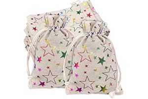 DOGMOON Bolsas de arpillera de yute, 20 bolsas de arpillera con cordón, bolsas de regalo de arpillera, bolsa de arpillera de lino con estampado de estrellas, mini bolsas de regalo para bodas, fiestas de