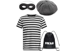 Dreamzfit - Men Burglar Fancy Dress Costume Set - Black & White Stripe T-Shirt, Peaky Cap, Eye Mask & Bag ~ Adult Robber Thief School Book Day/Week Party Dress Up