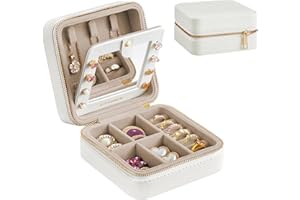 SONGMICS Scatola Portagioie da Viaggio, per Natale, Piccolo Porta Gioielli, Portagioielli Portatile, con Specchio, Cerniera Lampo, PU, 11,4 x 11,4 x 5,5 cm, Idea Regalo, Bianco Nuvola JBC146BEV2