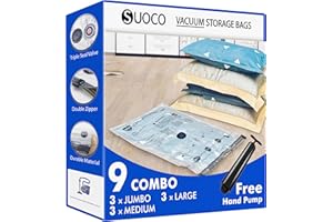 SUOCO Vacuum Storage Bags 9 Combo, (3 Jumbo, 3 Large, 3 Medium) Space Saver Bags with Travel Hand Pump, Compression Airtight Sealer Bags for Clothes, Bedding, Pillows, Comforters, Blankets