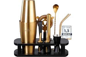 BARMINGO Edelstahl Cocktail Set 11tlg – 825ml Boston Cocktail Shaker Set mit Ständer und Bar Zubehör, Cocktailshaker Set, Barkeeper Set | Cocktail Mix Set | Barset | Boston Shaker | Schwarz Gold