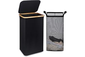 efluky - Cesto portabiancheria grande con coperchio, alto, 100 L, manici in bambù, per riporre vestiti e giocattoli, cesto pieghevole autoportante, borsa interna, per camera da letto e bagno, nero