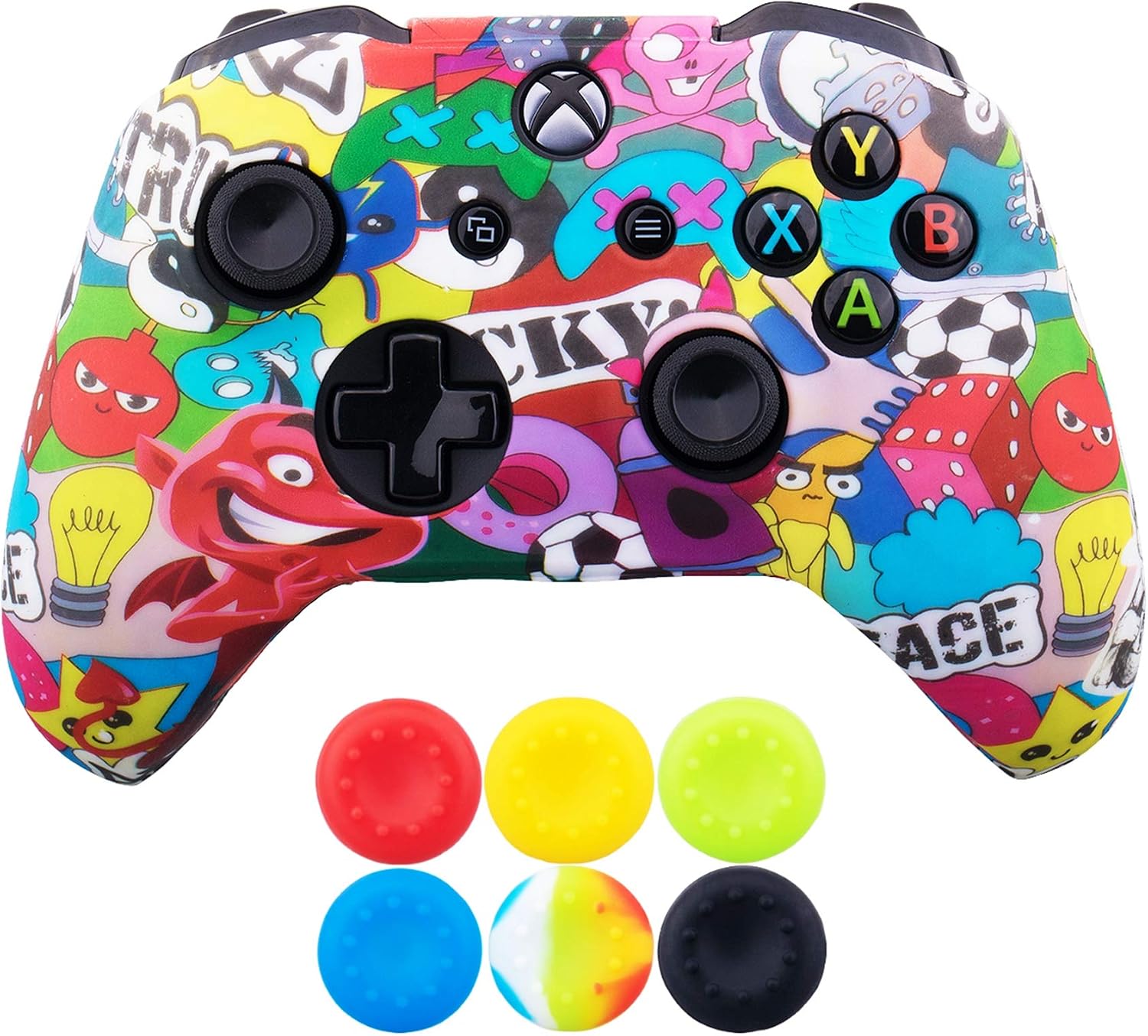 9CDeer 1 Piece of SiliconeTransfer Print Protective Cover Skin + 6 Thumb Grips for Xbox One/S/X Controller Grimasse