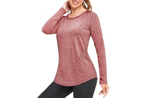 Wayleb Tee Shirt Sport Femme Manches Longues Col Rond Haut Sportswear Maille Respirante Séchage Rapide pour Fitness Yoga Course Pilates