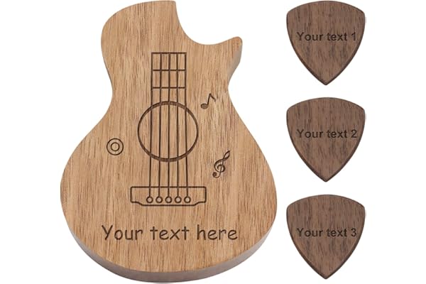 Boîte à médiators en forme de guitare en bois gravé avec 3 compartiments et 3 médiators