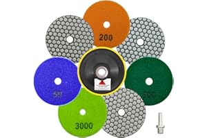 QUEFORET Diamant Polierpads Set 9 Stücke - 7 Stücke 100mm Trocken Polierscheiben (Körnung 50/100/200/400/800/1500/3000), 1 Stück Polierteller, 1 Stück Adapter für Granit Marmor Quarz Kunststein