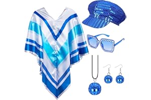 Bryndo 5 Pcs 70s Fancy Dress Set for Women, Disco Costume Accessories with Abba Pop Poncho Sequin Beret Hat Square Bling Sunglasses Earrings Necklace for 70s Theme Party Dress Up