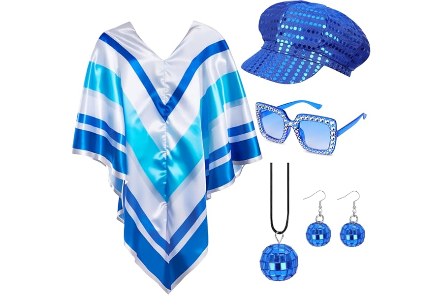 Bryndo 5 Pcs 70s Fancy Dress Set for Women, Disco Costume Accessories with Abba Pop Poncho Sequin Beret Hat Square Bling Sunglasses Earrings Necklace for 70s Theme Party Dress Up
