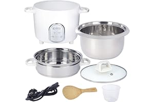 ‎KEMAR KITCHENWARE KeMar Reiskocher (5 Programme, 1,4L, 500W, Weiß) 7 Messbecher, Edelstahltopf & Glasdeckel - inkl. Dämpfeinsatz, Dampfgaren - Edelstahlschüssel, spülmaschinengeeignet, Warmhaltefunktion, KRC-175