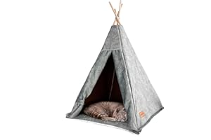 Halkalife Tent for pets with curtain. Durable, velour teepee for cats and dogs. Dog house and cat cave. (M (21.5x21.5 in. / 55x55cm), Grey)