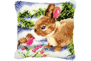 VIONNPPT Ostern Hase Serie Knüpfkissen Formteppich Latch Hook Kit DIY Knüpfkissen Kreuzstich,Stickerei Knüpfpackung Knüpfset Haken Kit für Kinder Erwachsene,Anfänger, 40cmx40cm (Wald)