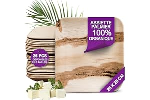 Waipur Assiette Jetable en Feuille de Palmier - 25 pcs. Carrées 25x25 cm - Vaisselle Naturelle et Élégante - Chic, Résistante et au Design Unique - semblable au Bambou et au Bois