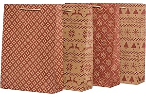 100% Mosel Geschenktüten Weihnachten, in Natur/Rot, 12 Stück (25 x 34 x 8 cm), Weihnachtstaschen aus Kraftpapier, Geschenkverpackung im Skandilook