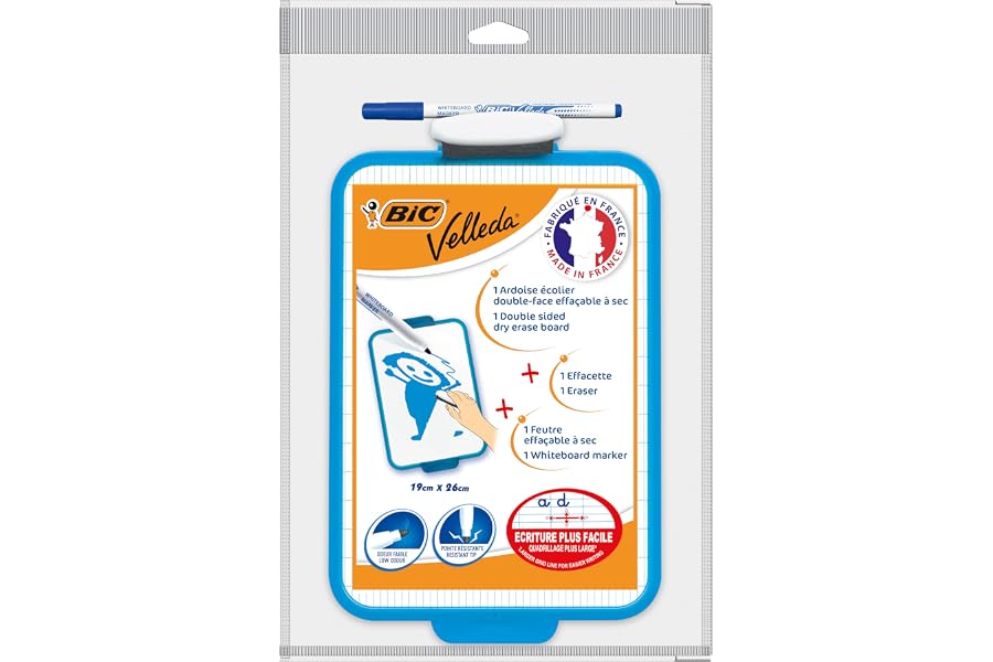 BIC Velleda Pizarra Blanca Pequeña de Borrado en Seco de Doble Cara con Rotulador Azul y Borrador, 19x26cm, Óptimo para mater