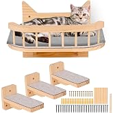 Wall Shelf for Cats with 3 Steps, Hammock Climbing Shelves, Wooden Cat Ladder Indoor Wall Shelf for Climbing, Playing, Sleepi