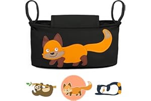 GLÜCKSWOLKE Kinderwagen Organizer - 12 Motive, Kinderwagentasche verschließbar, Kinder Buggy Tasche mit Feuchttuchspender, Baby Stroller Bag Fuchs, Aufbewahrungstasche (Willi Wildfuchs, schwarz)