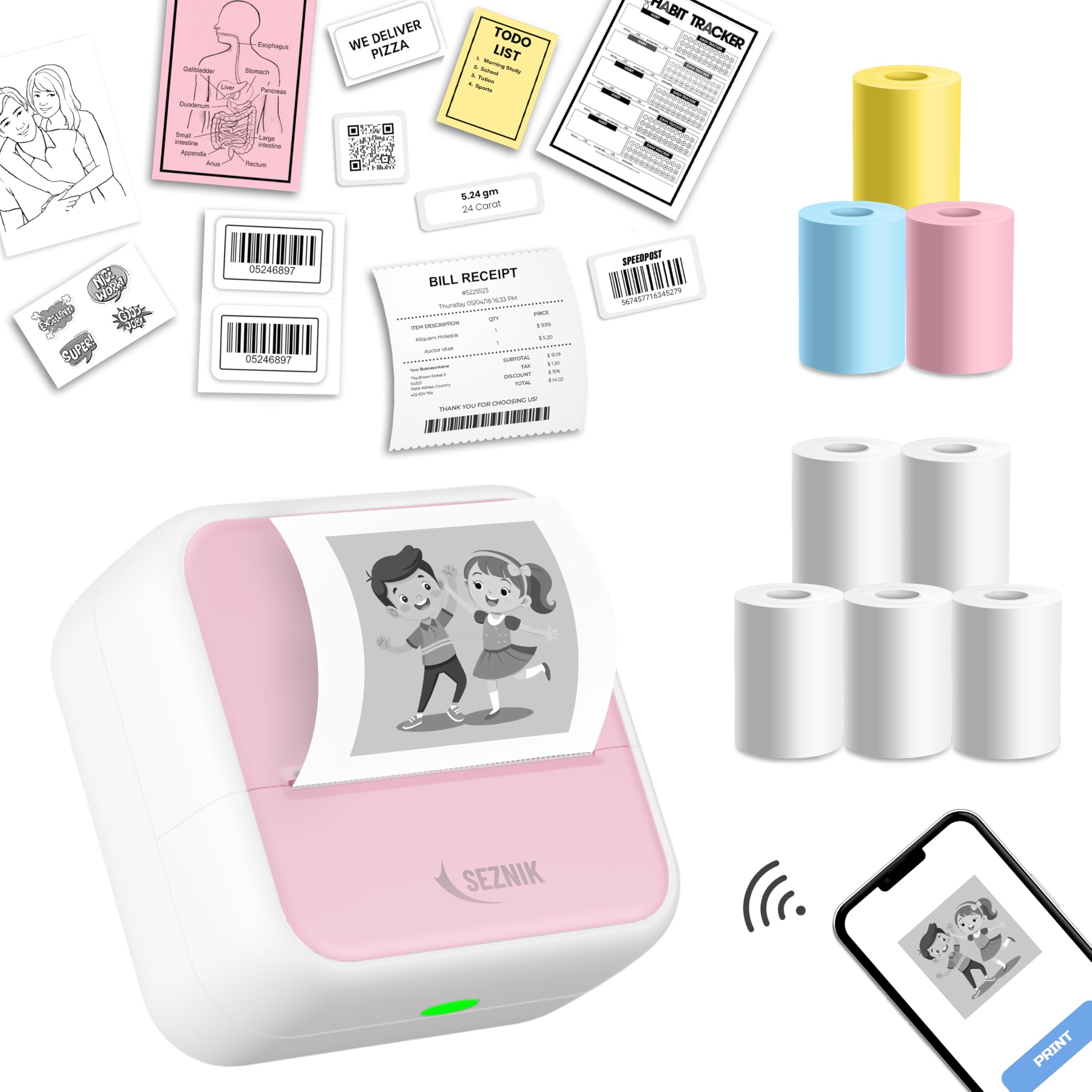 SEZNIK Mini Printer, Inkless, Thermal, Bluetooth, Portable Printer, Compatible Android, iOS Mobile. 1 Year Warranty (MiniX-Pink)