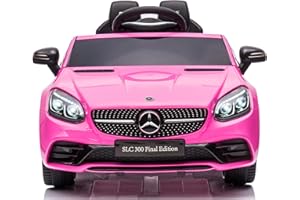 MONDIAL TOYS Macchina elettrica per bambini 12V Mercedes SLC 300 Final Edition licenza ufficiale due motori telecomando genitori cintura di sicurezza soft start fari LED musica USB MP3 TF peso massimo 30kg rosa