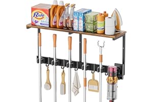 VINCOURNA Soporte Escobas Pared, Colgador Escobas y Fregonas con 5 Soportes y 6 Ganchos Negros, Colgador Escoba con Organizador Limpieza Estanterías Flotantes, Soporte Fregonas Pared Double-Sided