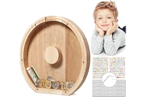 MoneRffi Personalized Letters Wooden Piggy Bank, A-Z Letters Coin Bank Money Box with Clear Alphabet Stickers, Money Saving Bank For Family Christmas Birthday Gift Home DIY Decoration