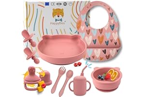 HappyDoo Vajilla Bebé Silicona 12 Piezas | Plato Ventosa Osito + Bol + Vaso + Cubiertos + Babero + Chupete Fruta | Antideslizante, BLW, Libre de BPA | Apto Microondas y Lavavajillas | Regalo Bebé