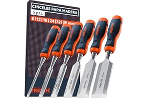 Presch Juego de cinceles para madera 6 uds. - Completamente afilados (6, 12, 18, 24, 32, 38mm) - Con ángulo de cuña de 25° e una robusta caperuza metálica para impactos