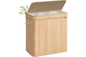SONGMICS Tvättkorg i Bambu, 150L, med Lock, Avtagbar Innerpåse