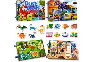 Guopai Montessori Busy Book Set om 2 från 1 år, dinosaurier och fordon Aktivitetsbok, Quiet Book med tillställningsspel, motorik och pedagogiska leksaker, resleksaker för pojkar och flickor