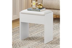 Luxstein Taburete de tocador, taburete de maquillaje de madera, banco acolchado, taburete de maquillaje para vestidor, dormitorio, pasillo y salón, 40 x 23,5 x 43 cm, color blanco