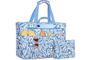 NEWIROVE Sac De Plage Femme, Grand Sac Plage Avec Fermeture Éclair Xxl Family Bag Imperméable Pliable Beach Bag Cabas Femme Pour Piscine, Shopping, Vacances. 50L,Rayures bleu-blanc