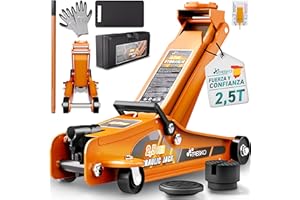 TRESKO Gato hidráulico, 2,5 toneladas, altura de elevación 85-385 mm, con maleta, gato hidráulico, plano para vehículos bajos, ruedas de 360°, incluye 2 almohadillas de goma, alfombrilla de rodilla