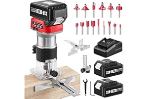 Avhrit Défonceuse à bois sans fil 21 V avec 2 batteries 4,0 Ah, défonceuse à bois sans fil, coupe-bois portable sans balais pour le travail du bois, coupe-bois sans fil avec 15 embouts de toupie 1/4"