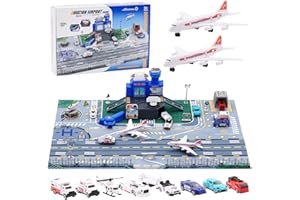 CHIDIAM Set di Giocattoli Aerei per Bambini con Terminal, la Torre Radar e 9 Veicoli: Carrelli per Bagagli, Auto Polizia, Aereo Passeggeri, Barriera Stradale e Personale a Terra Ragazzo Ragazze Regalo 3+
