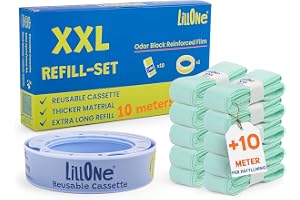 LillOne XXL-SET 10 påfyllningar över 10 meter + 1 återanvändbar kassett – kompatibel med blöjhinkar Angelcare Classic, Munchkin, Litter Locker II, Fashion e Design – extra lång, hög densitet